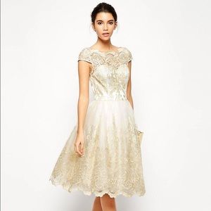 Chi Chi London White and Gold Lace Dress